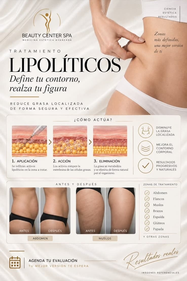 Infografía tratamiento Lipolíticos: cómo actúa, zonas de tratamiento y antes y después en abdomen y muslos