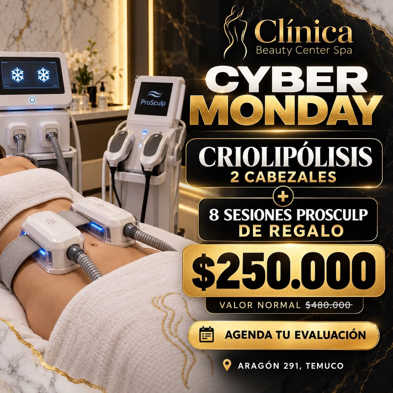 Promoción Cyber criolipólisis 2 cabezales más 8 sesiones ProSculp de regalo a $250.000