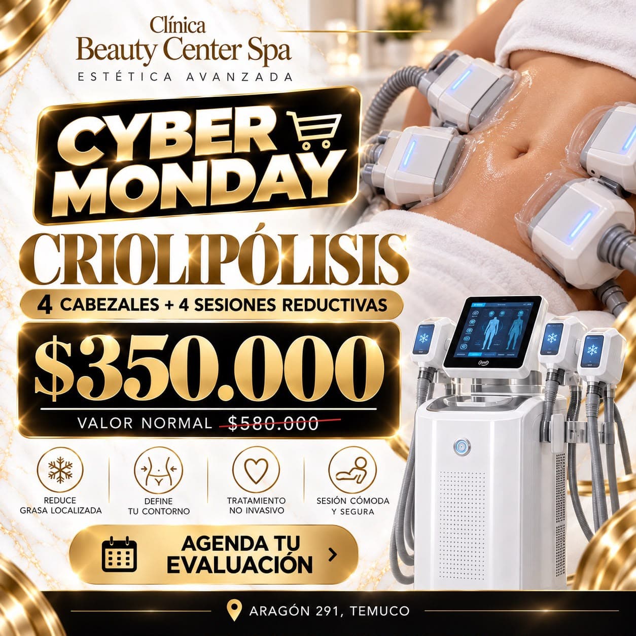 Promoción Cyber criolipólisis 4 cabezales más 4 sesiones reductivas a $350.000