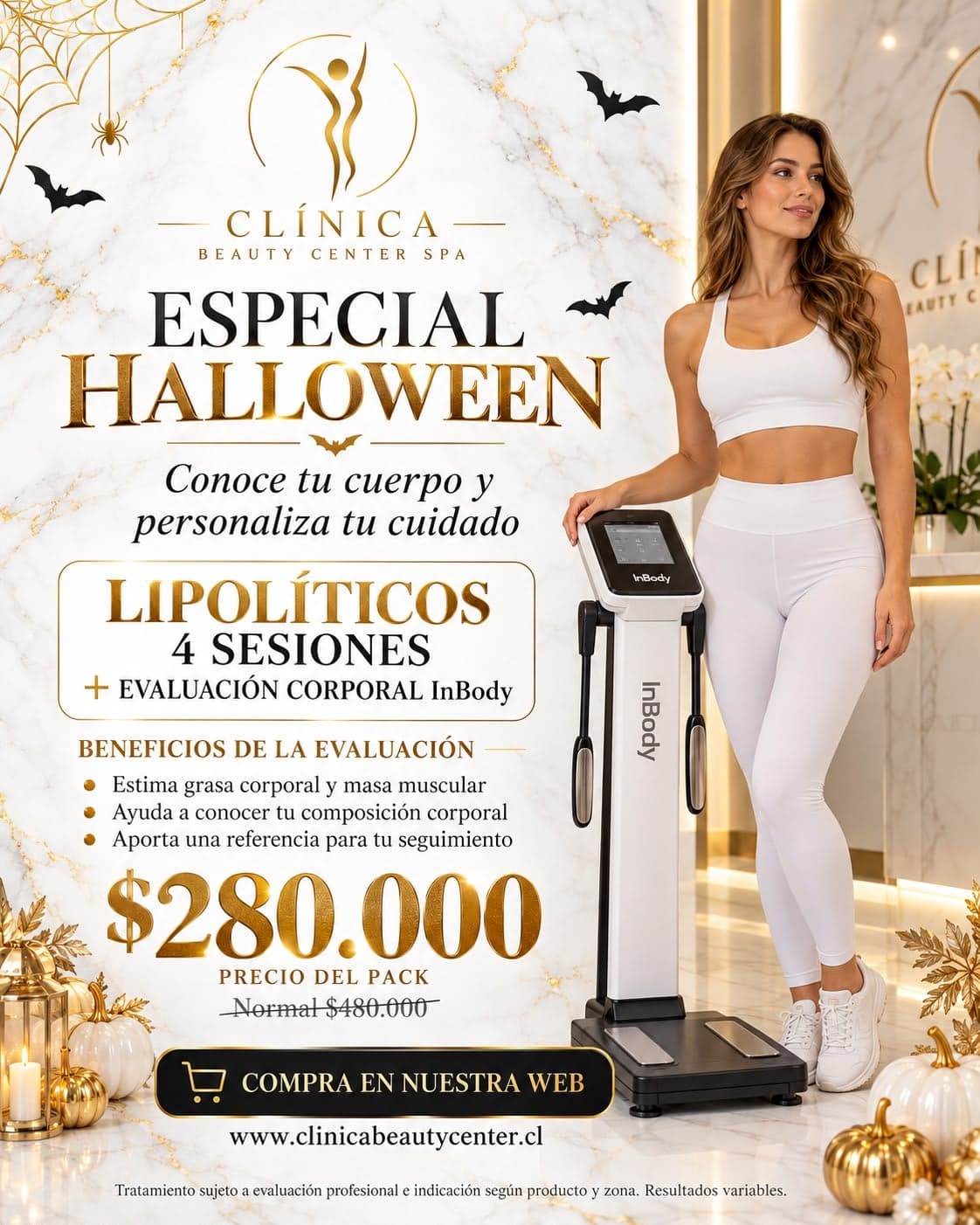 Especial Halloween: lipolíticos 4 sesiones más evaluación corporal InBody $280.000, valor normal $480.000