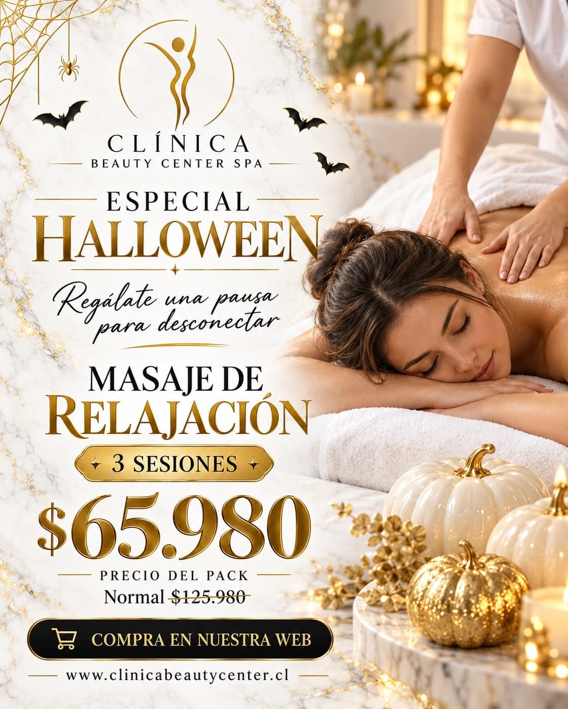 Especial Halloween: masaje de relajación, pack de 3 sesiones $65.980, valor normal $125.980
