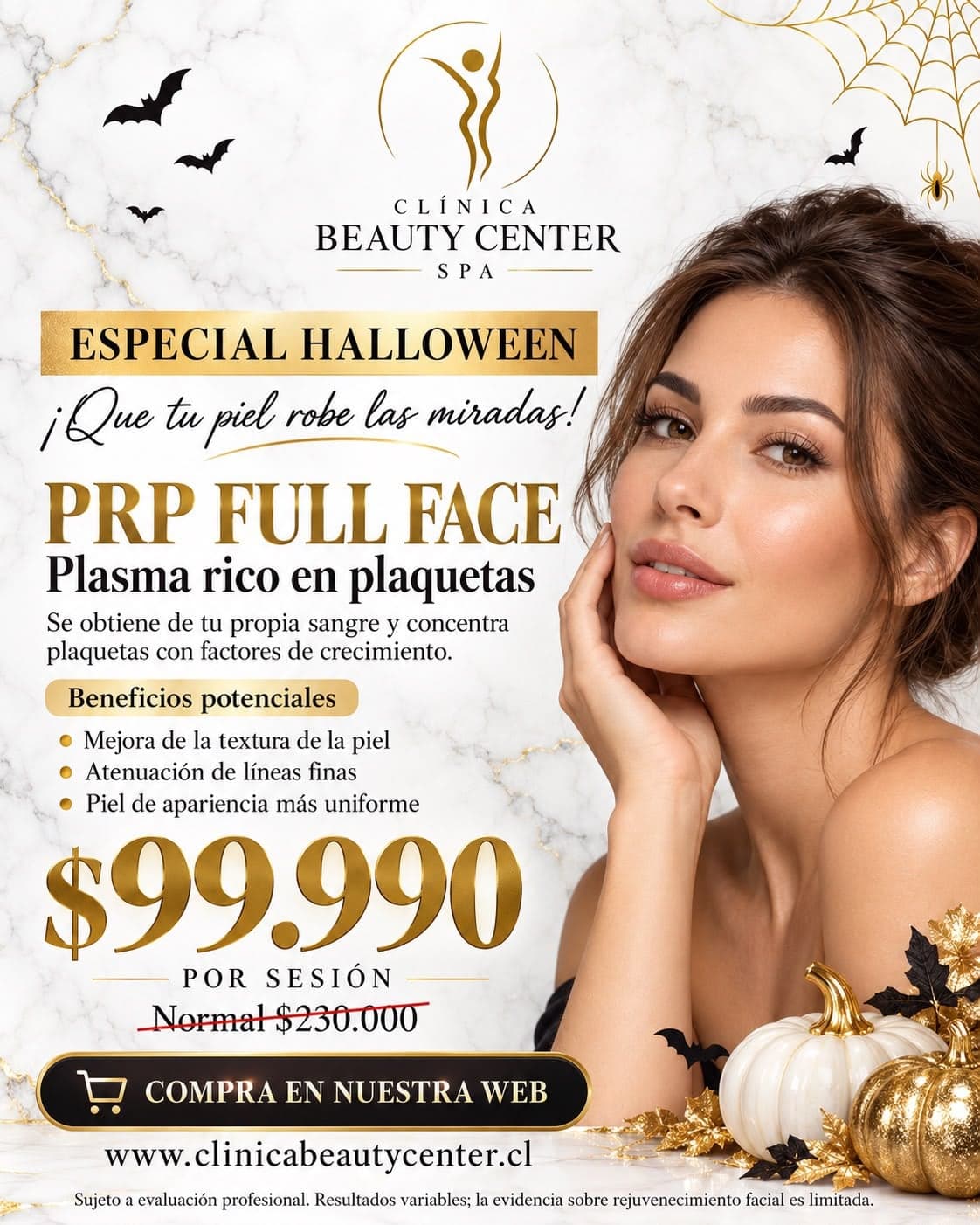 Especial Halloween: PRP Full Face, plasma rico en plaquetas, $99.990 por sesión, valor normal $230.000