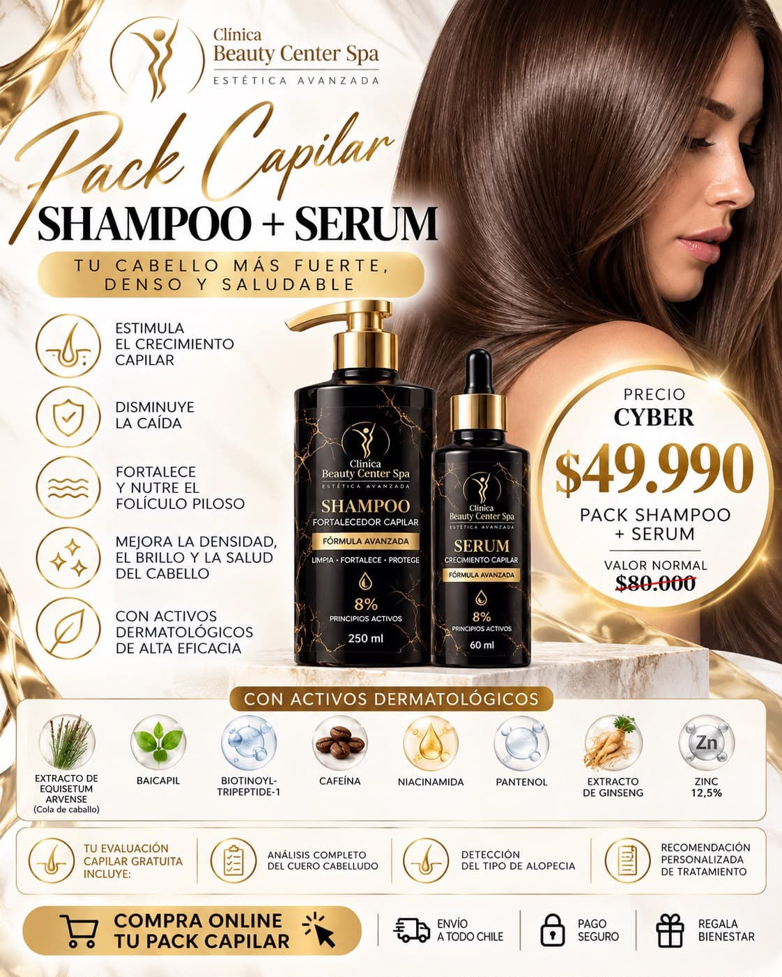 Pack capilar shampoo fortalecedor 250 ml más serum de crecimiento 60 ml a $49.990
