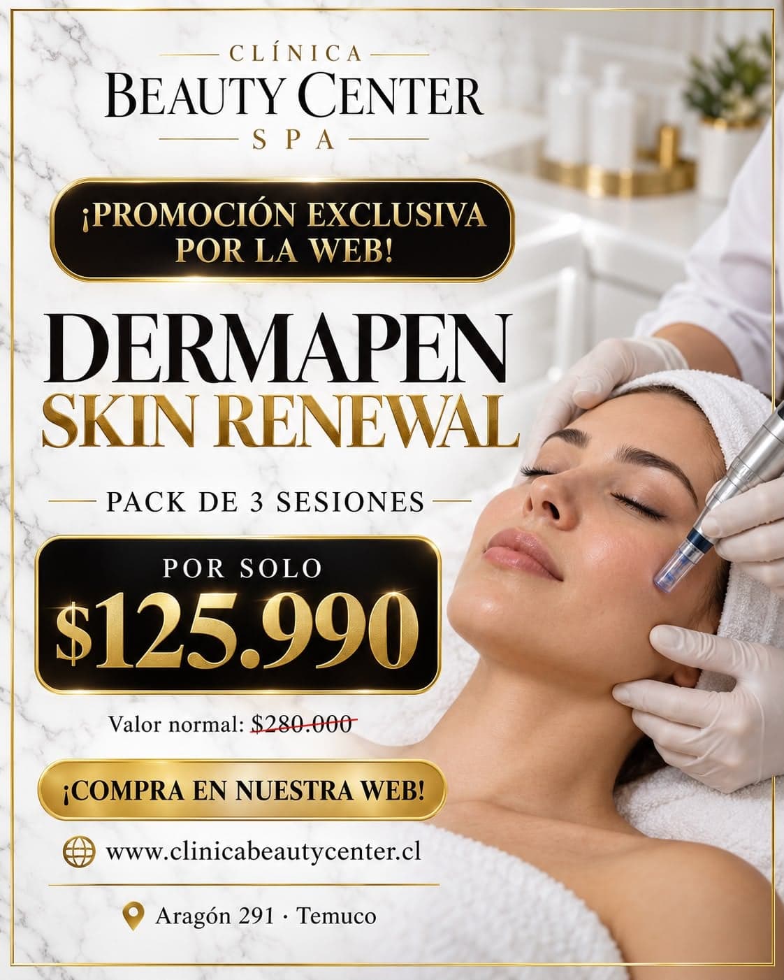 Dermapen Skin Renewal pack de 3 sesiones por $125.990, valor normal $280.000, promoción exclusiva web