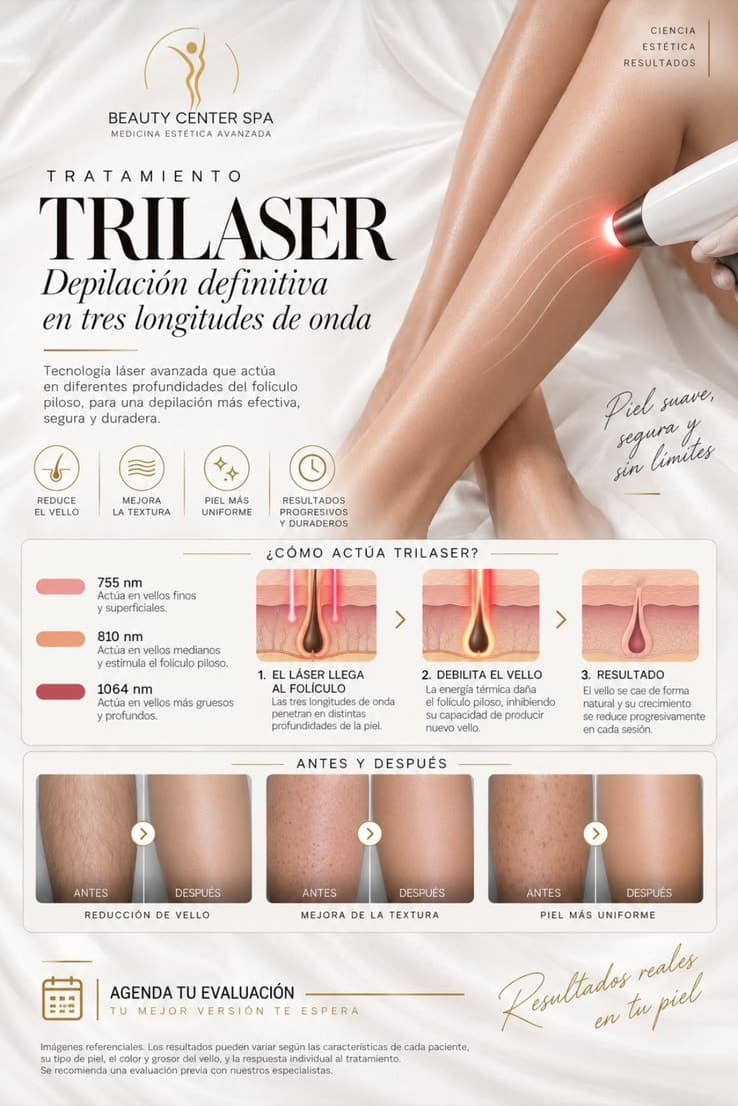Infografía tratamiento Trilaser: longitudes de onda 755, 810 y 1064 nm, cómo actúa y antes y después
