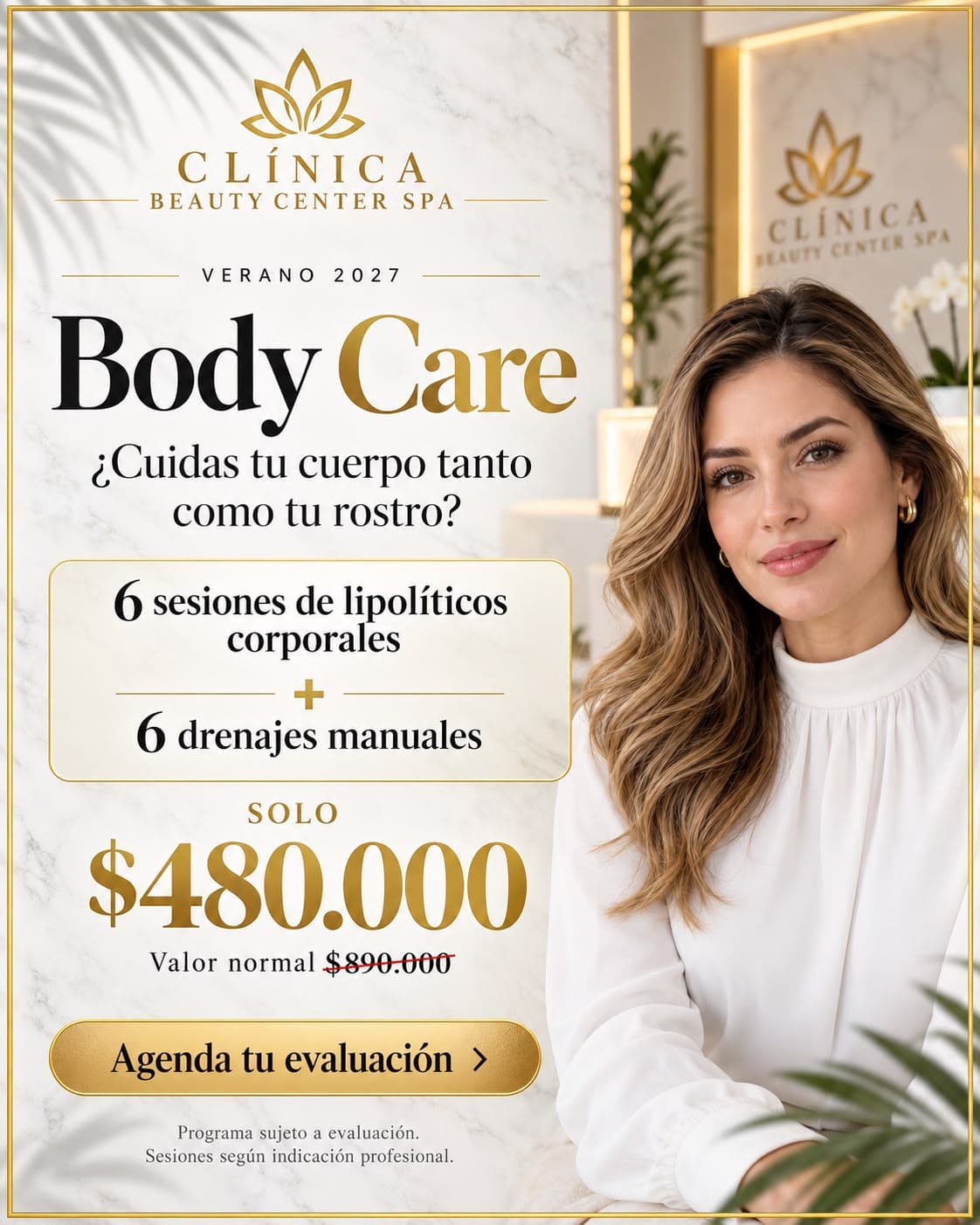 Body Care Verano 2027: 6 sesiones de lipolíticos corporales más 6 drenajes manuales a $480.000