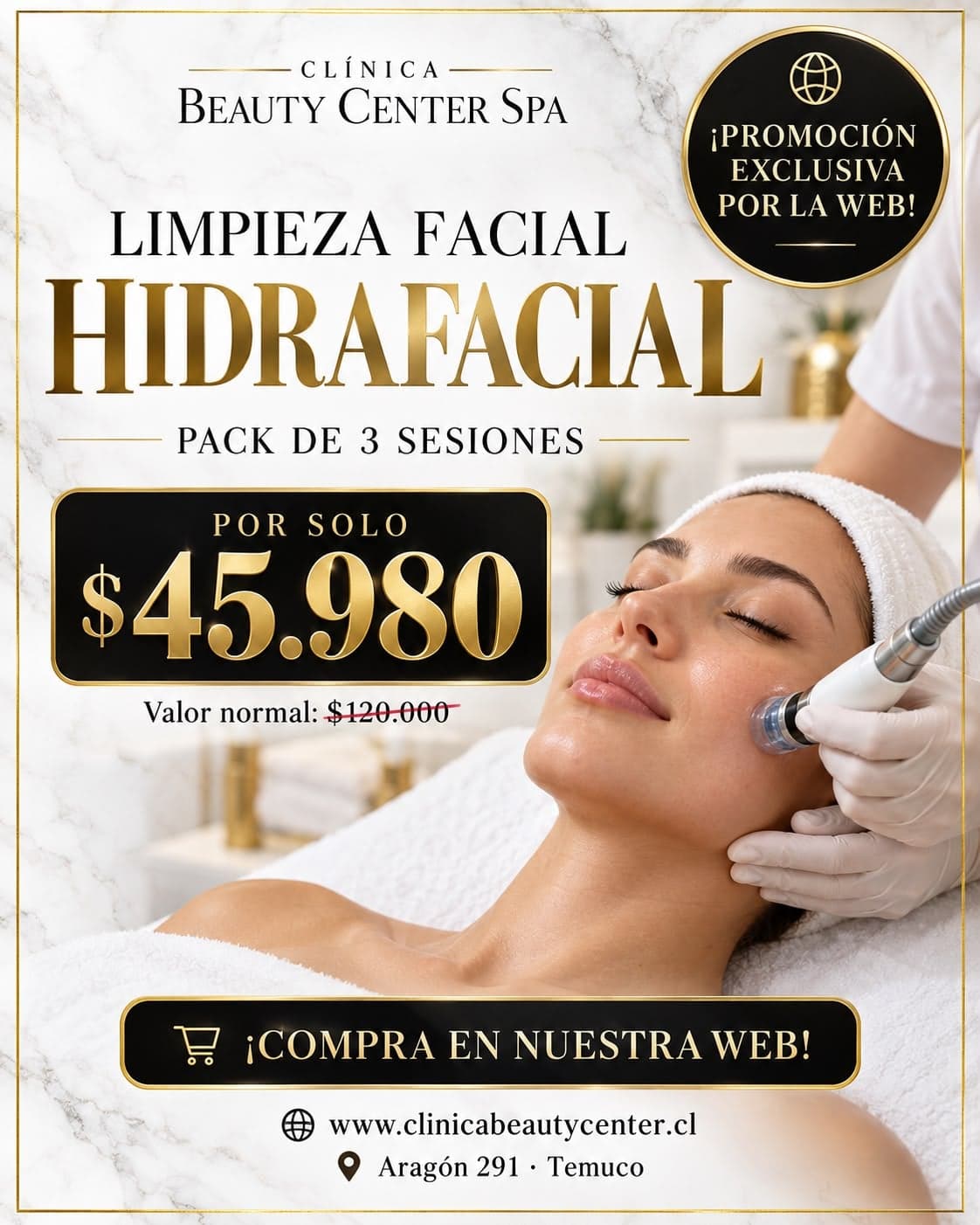Limpieza facial Hidrafacial pack de 3 sesiones por $45.980, valor normal $120.000, promoción exclusiva web