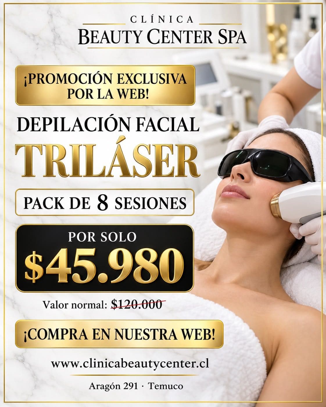 Depilación facial Triláser pack de 8 sesiones por $45.980, valor normal $120.000, promoción exclusiva web